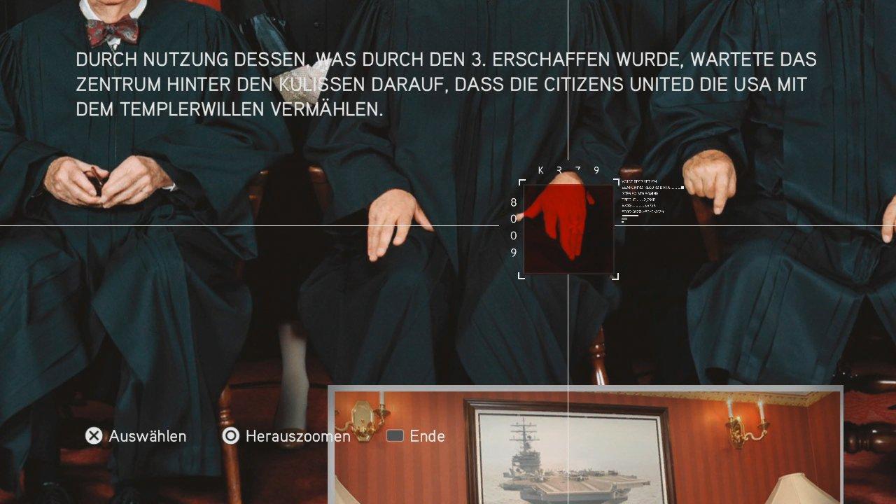 [16/11/2010] Assassin's Creed: Brotherhood Komplettlösung: Glyphen-Rätsel Nr. 7: Das größte Foto ist zugleich das entscheidende. Fahrt mit dem Filter über die linke Hand des mittleren Mannes und ihr seht ein Templerabzeichen. (2)