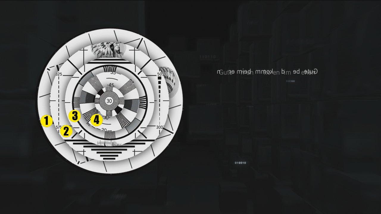 [16/11/2010] Assassin's Creed: Brotherhood Komplettlösung: Glyphen-Rätsel Nr. 8: Startet mit einer Linksrotation der Kombination 3 & 4. Darauf folgen zwei Drehungen der Scheiben 1 & 4 nach rechts. Vier Linksdrehungen mit 1 & 3 später erstrahlt das Bild in altem Glanz.