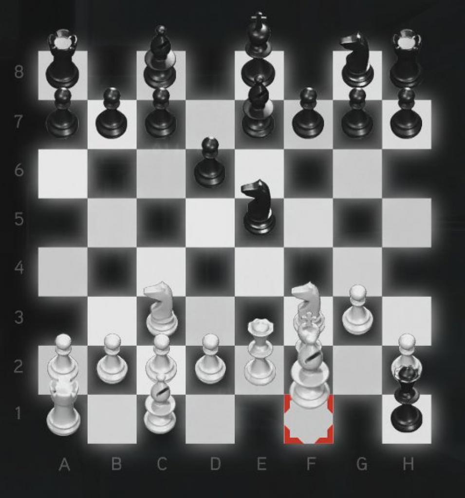 [16/11/2010] Assassin's Creed: Brotherhood Komplettlösung: Glyphen-Rätsel Nr. 9: Um euren Springer zu decken, verschiebt ihr den Läufer von F1 auf G2.