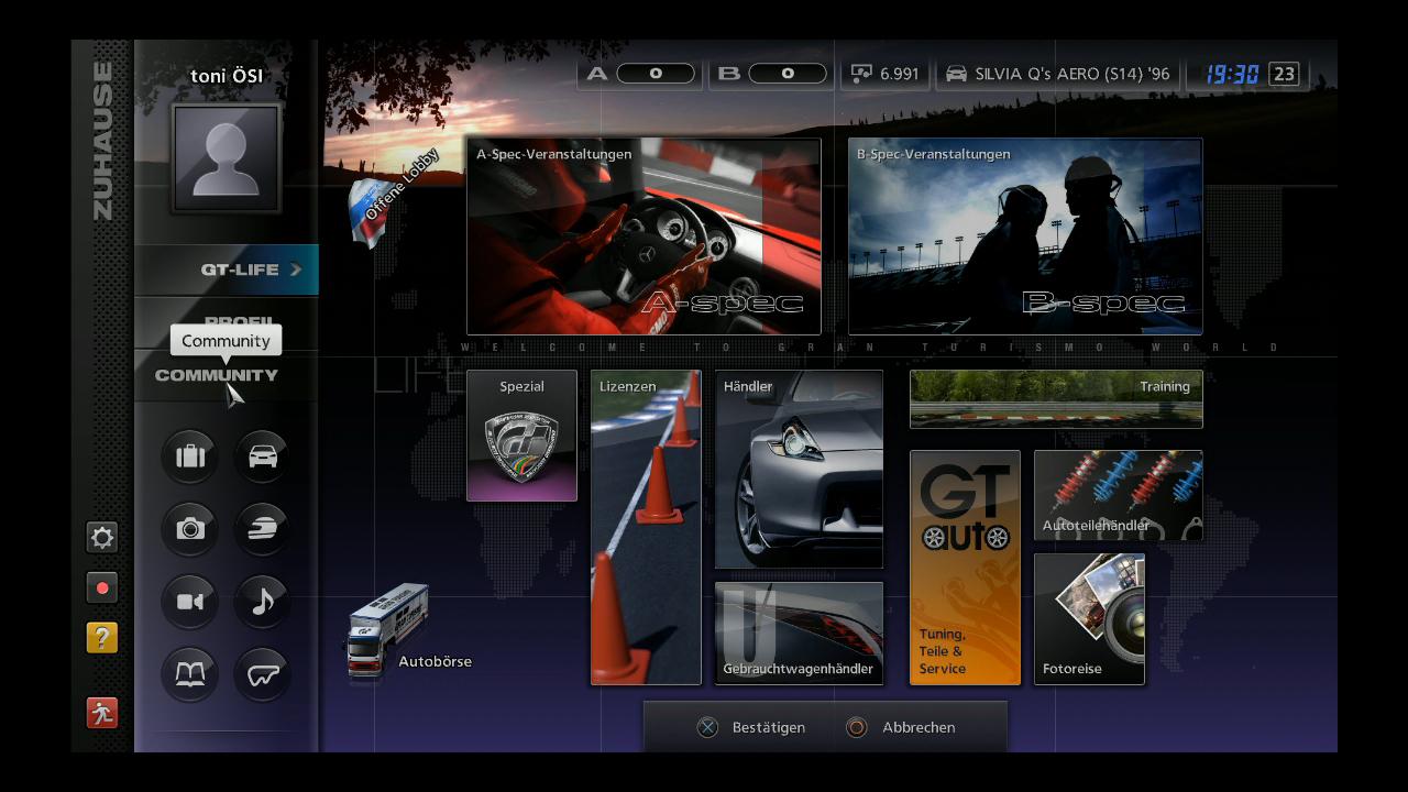 [24/11/2010] Die Zuhause-Seite im GT-Modus von Gran Turismo 5.