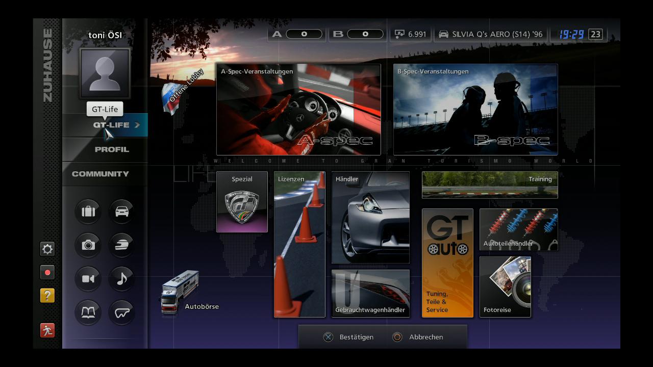 [24/11/2010] Die Zuhause-Seite im GT-Modus von Gran Turismo 5.