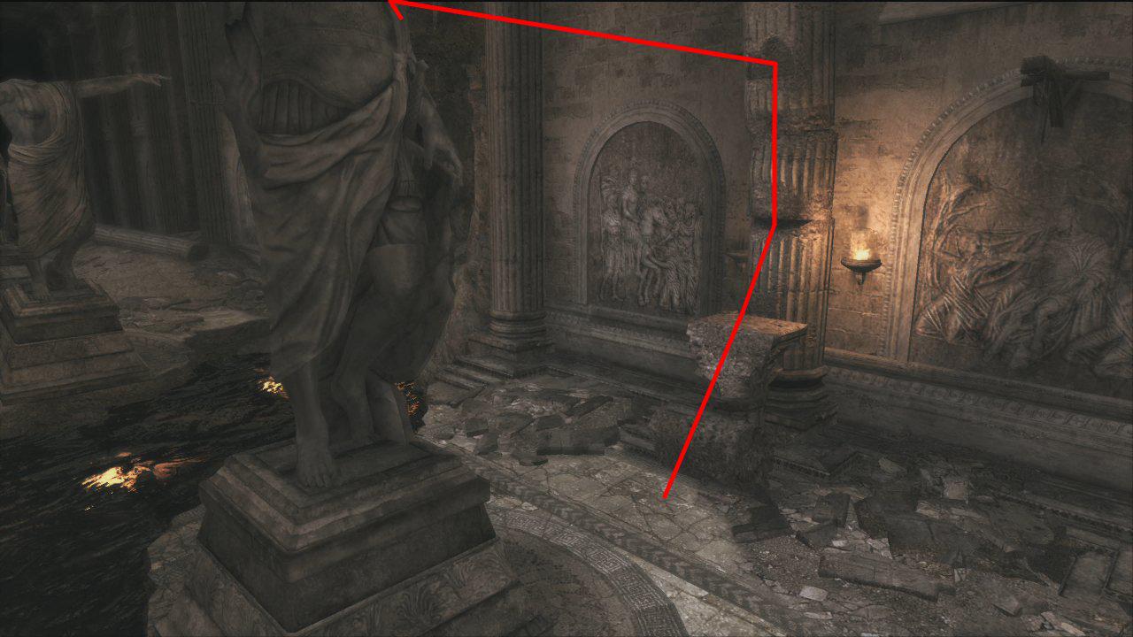 [16/11/2010] Klettert auf die Säule rechts nach oben und springt dann von der Wand nach hinten zur Statue. An dieser zieht ihr euch hoch, um anschließend zur gegenüberliegenden Wand zu springen. An dieser hangelt ihr euch weiter entlang, springt zur nächsten Statue und erneut zur nächsten Wand. Noch ein paar Sprünge und ihr habt das Hindernis überwunden.
