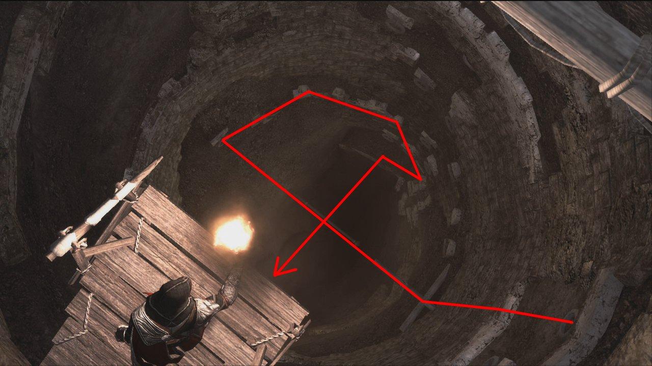 [16/11/2010] Ihr müsst euch auf der rechten Seite die Mauer hinab fallen lassen bis ihr zum Balken kommt. Von diesem springt ihr an den Ring gegenüber und klettert die Wand entlang nach unten bis ihr eine kleine Nische erreicht. 