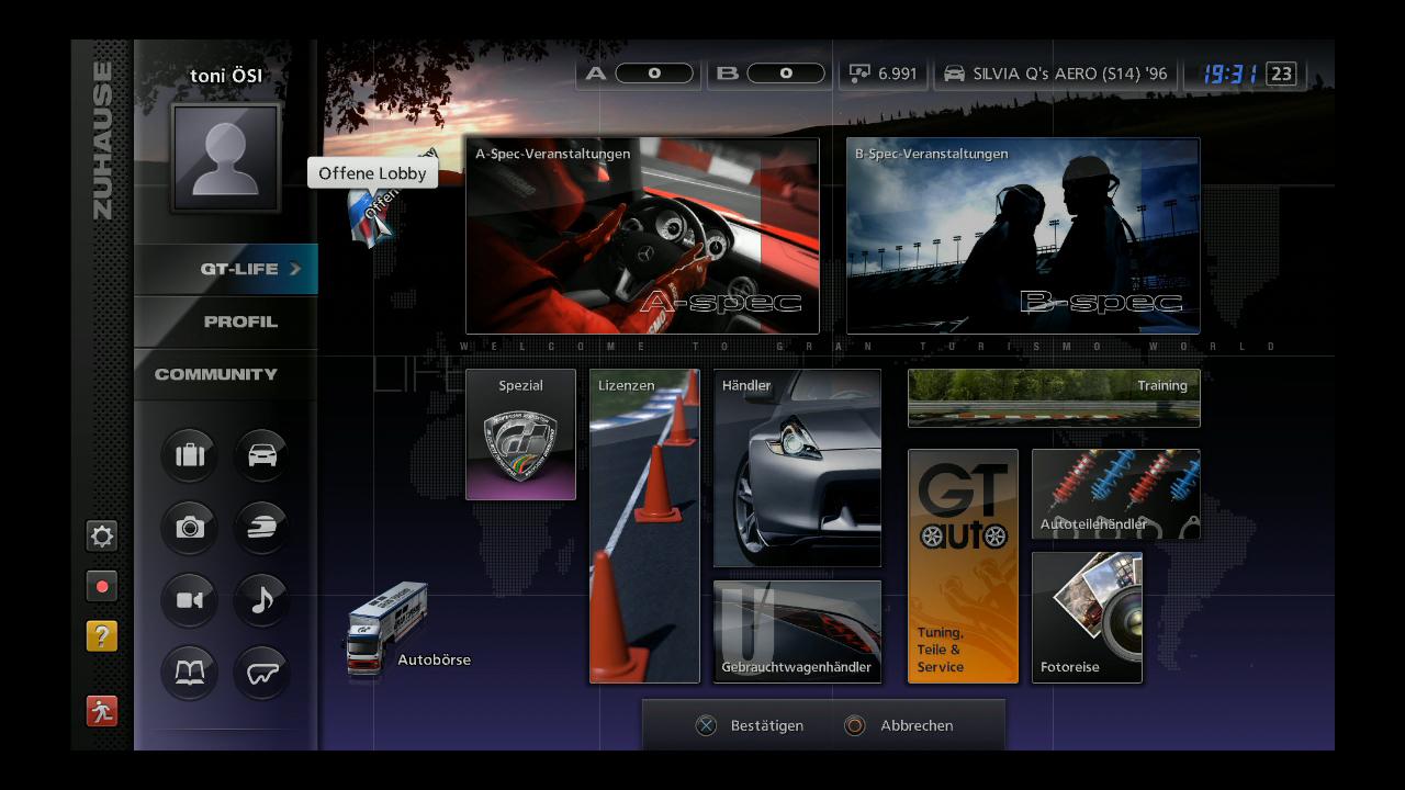 [24/11/2010] Offene Lobby-Bildschirm in Gran Turismo 5. 
