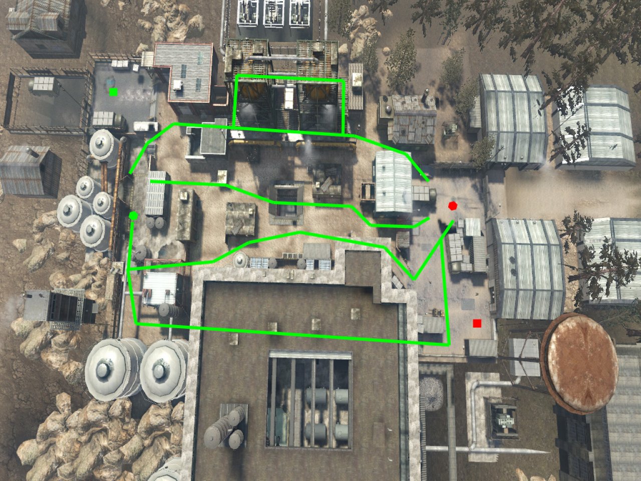 [26/11/2010] Capture the Flag - Das grüne Quadrat ist der Startpunkt der Black Ops, während die Speznas beim roten Quadrat beginnen. Die Sechsecke stellen die jeweilige Flagge da.