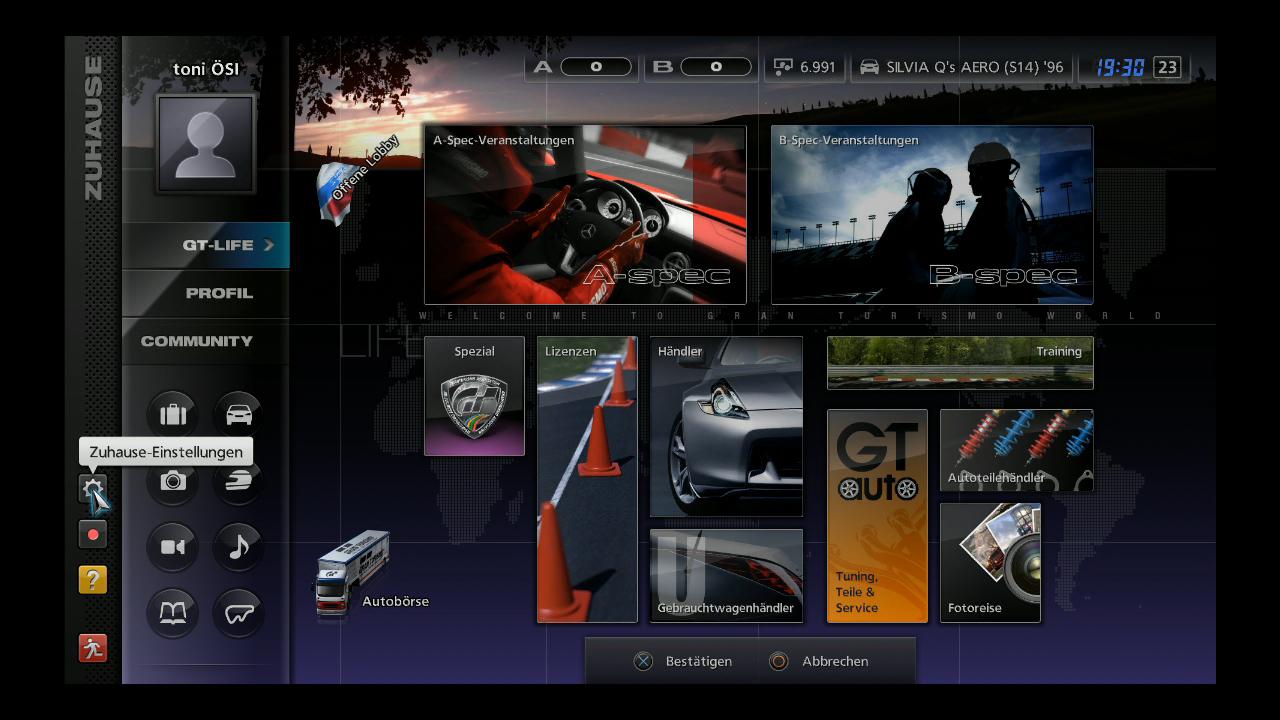 [24/11/2010] Zuhause Einstellungen-Bildschirm in Gran Turismo 5. 