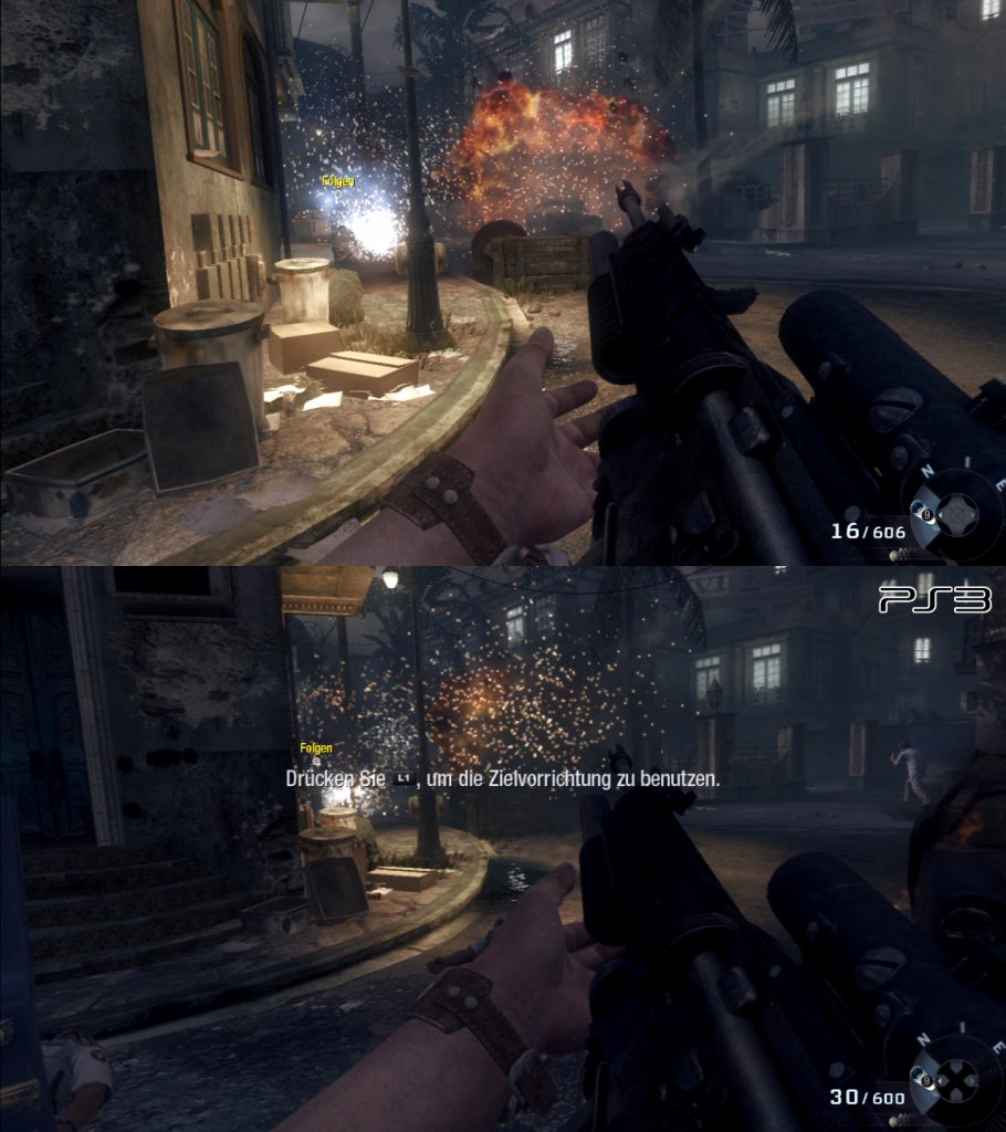 [09/11/2010] Grafikvergleich zwischen PS3- (unten) und Xbox-360-Version (oben) von Call of Duty: Black Ops. Klickt auf 
