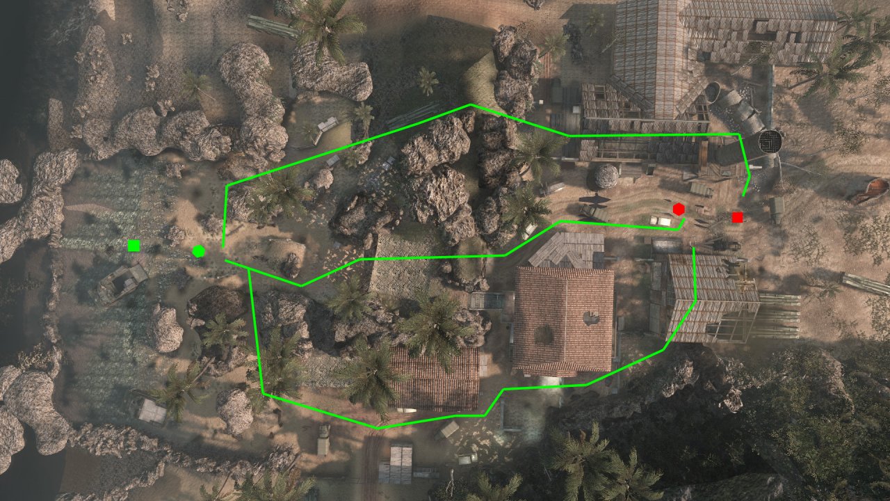 [07/12/2010] Capture the Flag - Das grüne Quadrat ist der Startpunkt der Black Ops, während die Speznas beim roten Quadrat beginnen. Die Sechsecke stellen die jeweilige Flagge da.