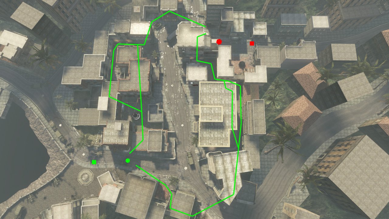 [07/12/2010] Capture the Flag - Das grüne Quadrat ist der Startpunkt der Black Ops, während die Speznas beim roten Quadrat beginnen. Die Sechsecke stellen die jeweilige Flagge da.