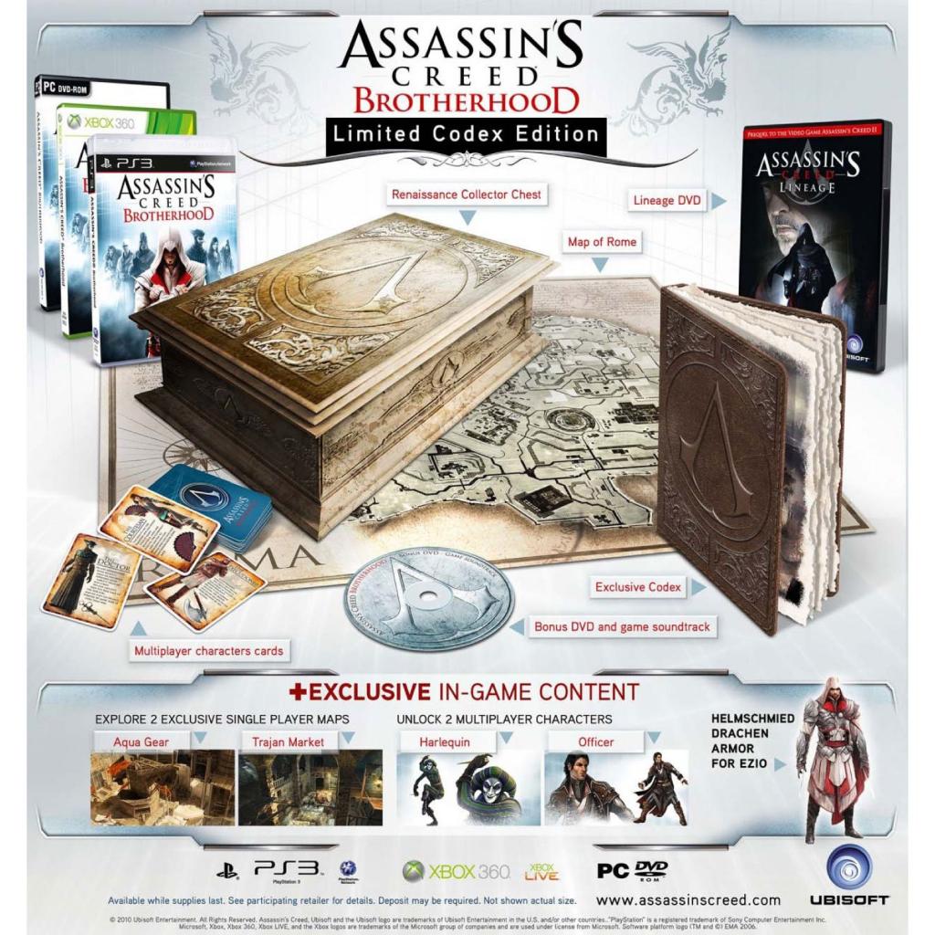 [17/12/2010] Platz 2: Assassin's Creed: Brotherhood kommt als Limited Codex Edition in einer edlen Box unter anderem mit dem Soundtrack, exklusivem In-Game-Material und einem hochwertigen Assassinen Codex. 16,8 Prozent der Teilnehmer bedeuten Silber.