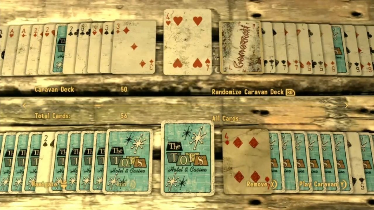 [17/12/2010] Fallout: New Vegas - Caravan - Das Kartenspiel in Fallout: New Vegas braucht sicher seine Zeit, um gelernt zu werden. Wir haben es trotz mehrerer Versuche nicht geschafft. Also haben wir es sein lassen und lieber die tollen Quests gespielt.