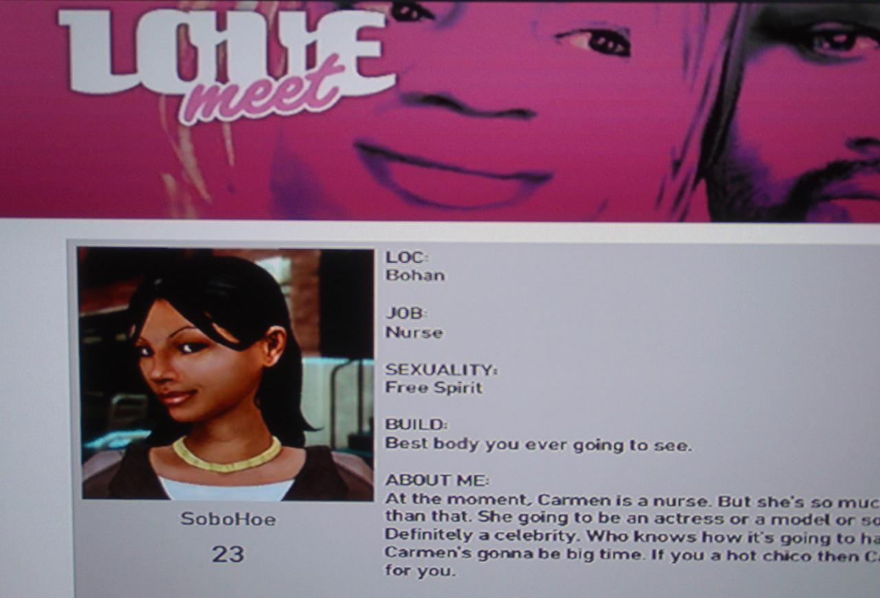 [13/12/2010] GTA 4 - Carmen Ortiz ist Krankenschwester und geht mit Mr. Bellic aus. Dabei muss sie weder heilen noch sonst irgendwelche medizinischen Arbeiten verrichten. Niko darf gerne auf Doktorspiele hoffen.