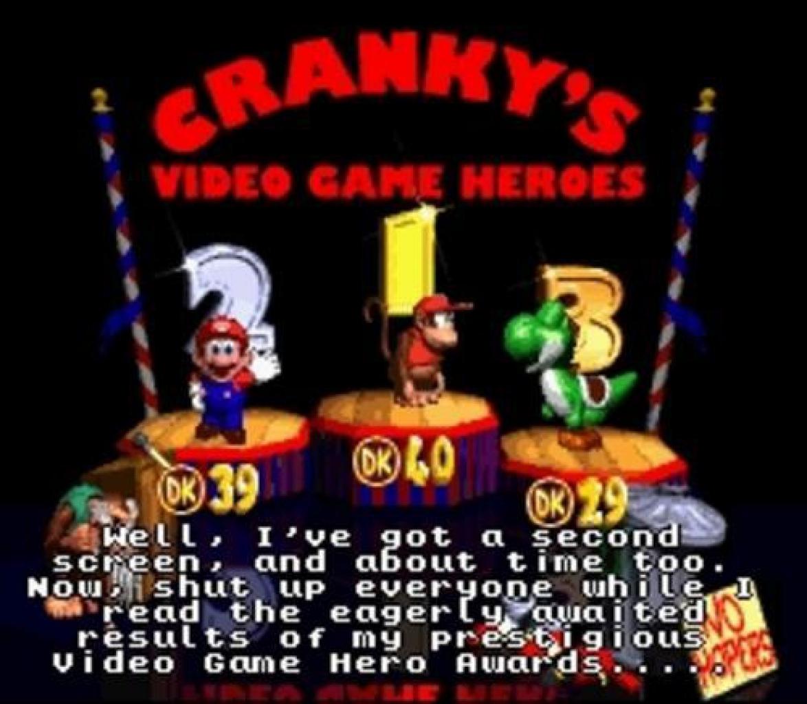 [20/01/2011] Donkey Kong Country 2 - Im Abspann des zweiten Super-Nintendo-Jump&Run mit den Kongs kürt Cranky die besten Videospielhelden aller Zeiten. Er kommt zur Erkenntnis: Mario und Yoshi sind auf dem zweiten und dritten Platz - klarer Sieger ist Diddy.