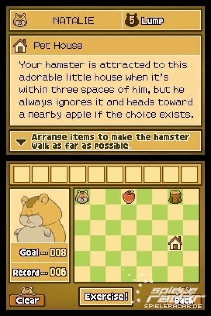 [13/01/2011] Prof. Layton und die Schatulle der Pandora - Hamster - Einen Hamster trainiert in Prof. Layton und die Schatulle der Pandora. Der süße Zeitgenosse hat nämlich Übergewicht. Ihr müsst ihn dazu bringen, 30 Schritte zu laufen, damit er abnimmt.