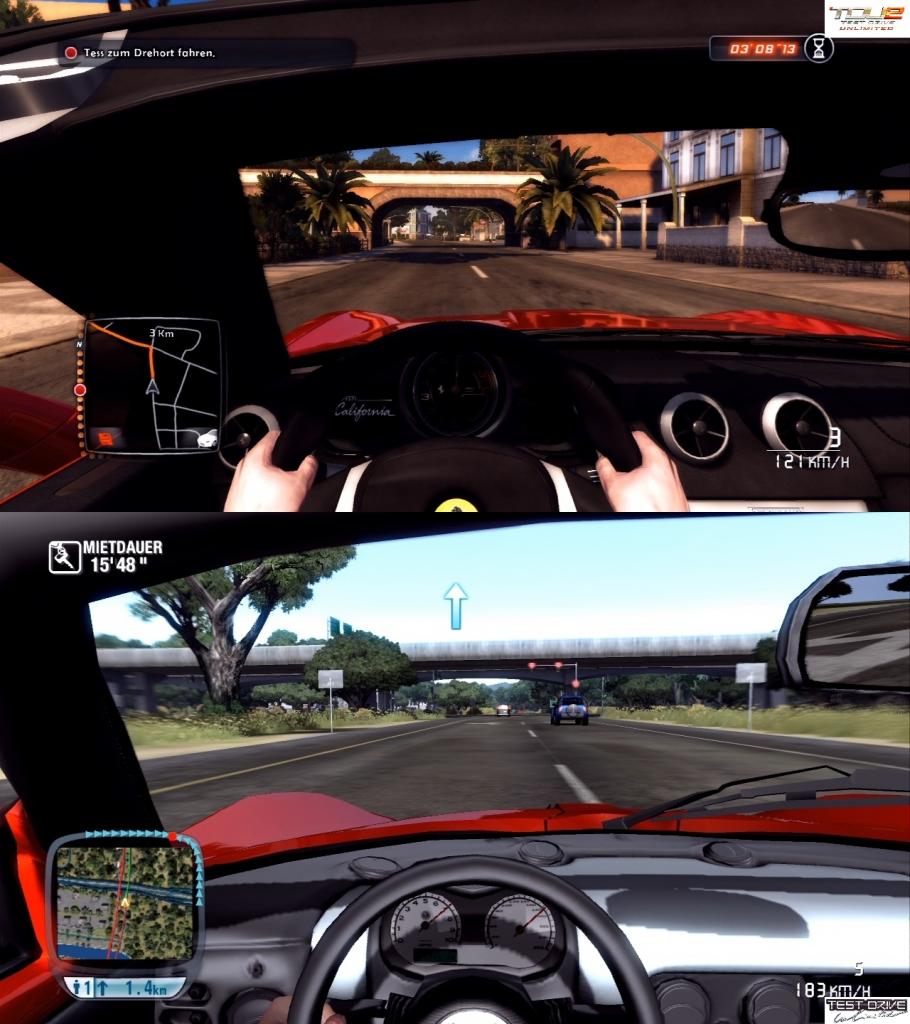 [10/02/2011] Test Drive Unlimited 2 vs. Test Drive Unlimited - Im ersten Teil fehlt es der Cockpit-Ansicht deutlich an Details. Das wurde im Nachfolger TDU 2 nachgeholt!