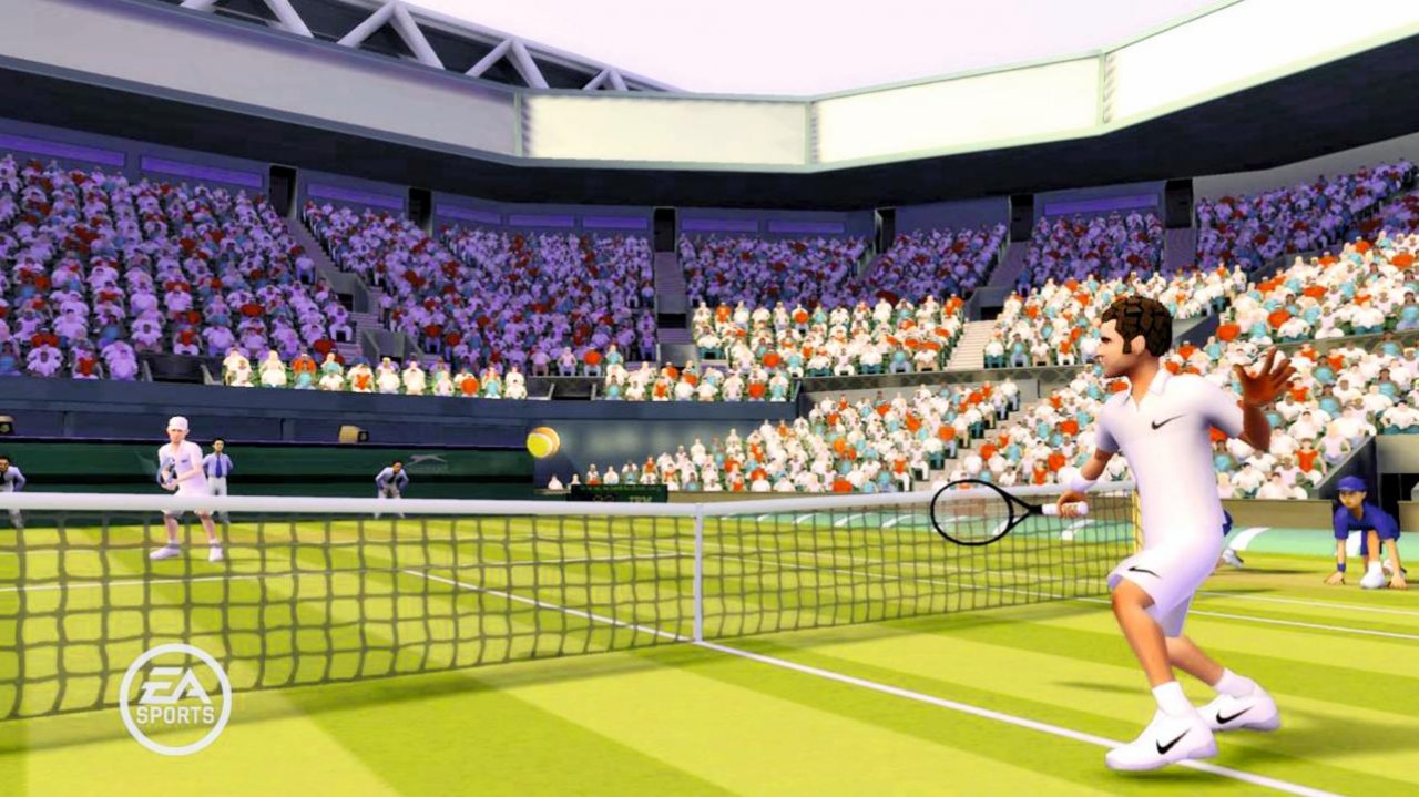 [22/02/2011] Ohne Controller oder sonstige Hardware schlagt ihr Bälle mit den Händen übers Netz. Ob das präzise funktionieren kann? Bild: Wii-Version von Grand Slam Tennis.