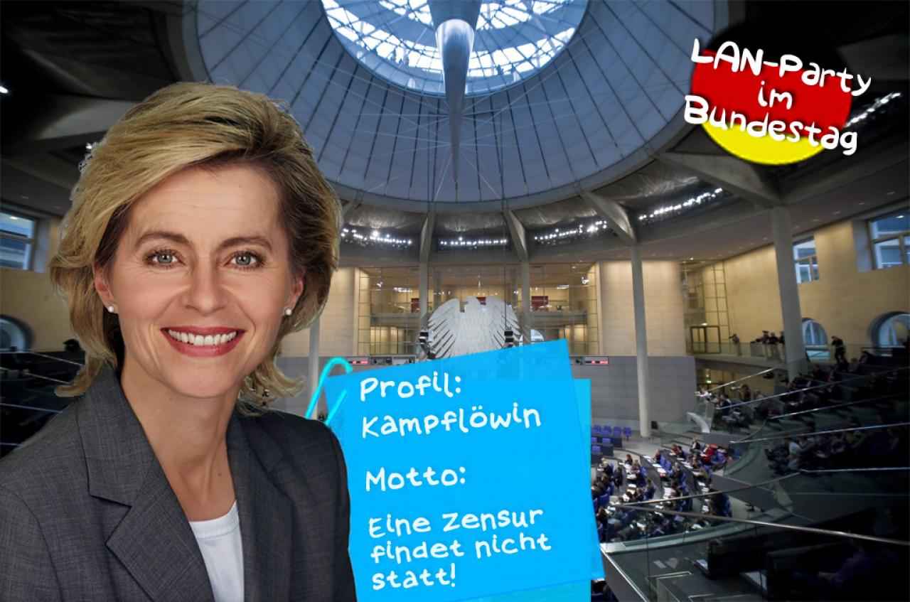 [23/02/2011] Ursula von der Leyen (CDU) - Gegen Frau von der Leyen ist kein Kraut gewachsen. Wer sich ihr in einem Spiel in den Weg stellt und dazu auch noch besser ist, wird gnadenlos vom Server gekickt. Eine Zensur findet jedoch nicht statt, beteuert die Kampflöwin.