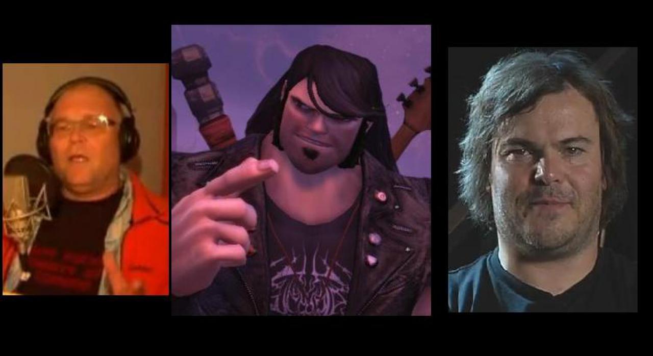 [13/04/2011] Tobias Meister (l.) spricht Eddie Riggs in Brütal Legend. Der Charakter ist an Jack Black (r.) angelehnt, der das englische Original spricht.