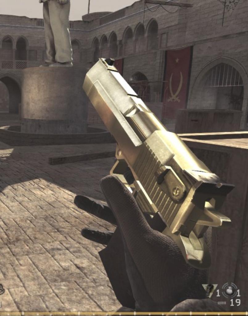 [11/04/2011] Auch in einem Spiel wie Call of Duty Modern Warfare kann manchmal der Griff zur einfachen Pistole sinnvoll sein. Styilsch wird es dann auch noch mit der goldenen Desert Eagle.