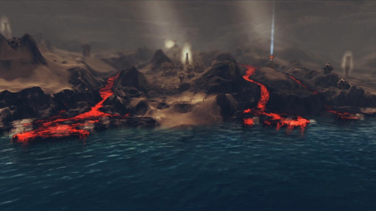[26/07/2011] Glaubhafte Simulation Lava und Wasser fließen realistisch an Hängen herab - wer Bahnen in den Sand buddelt, kann so die Fließrichtung selbst bestimmen. Trifft die Lava auf Wasser, erhärtet sie augenblicklich - auf diese Weise erzeugt man Wälle und Ebenen.