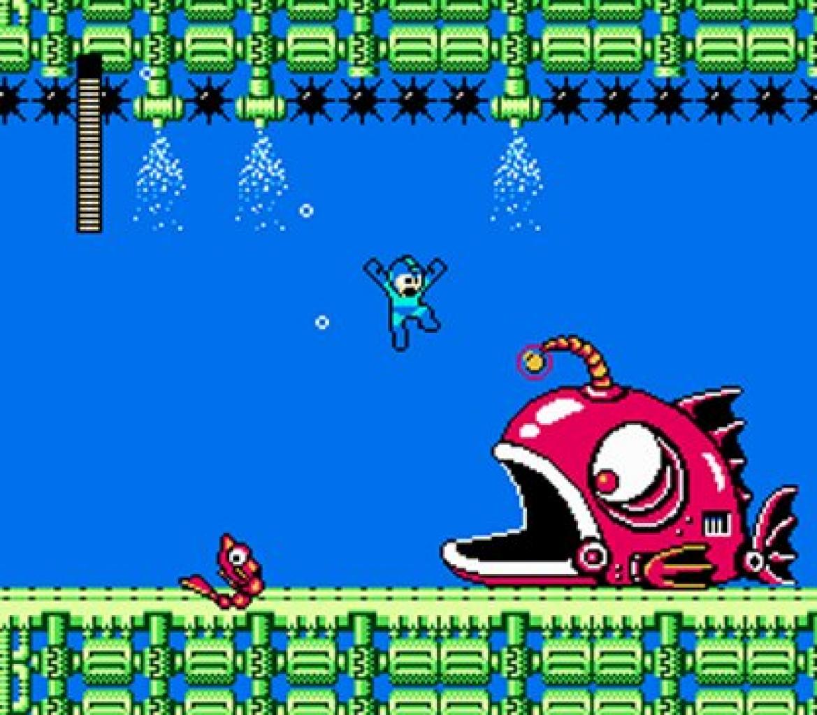 [24/10/2011] Unterwasser-Steuerung - Besonders die Steuerung in Unterwasser-Levels geht uns auf den Keks. In Mega Man 2 besispielsweise landet man bei zu starkem Druck auf die Sprungtaste an den oberen Stacheln.
