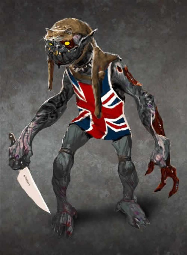 [16/01/2012] Der Finsterling trägt ein T-Shirt mit britischer Flagge und eine tote Katze auf dem Kopf.