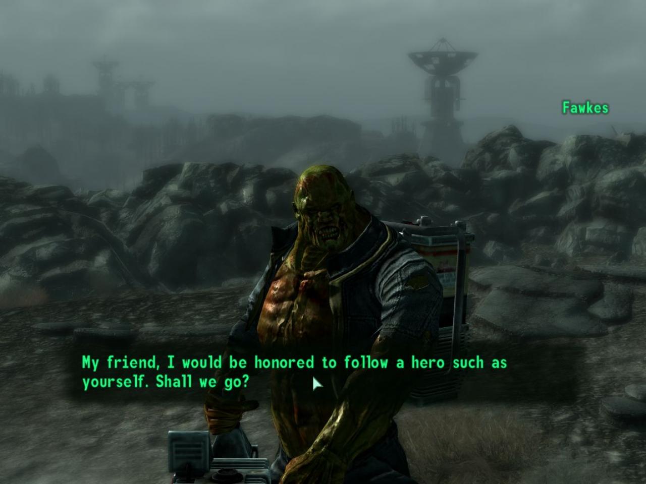 [08/08/2012] Fawkes - Fallout 3 - Befreit ihr den NPC in Fallout 3, so wird er euch im Verlaufe des Abenteuers erneut begegnen. Fawkes ist halb Mensch, halb Mutant und besitzt enorme Feuerkraft.