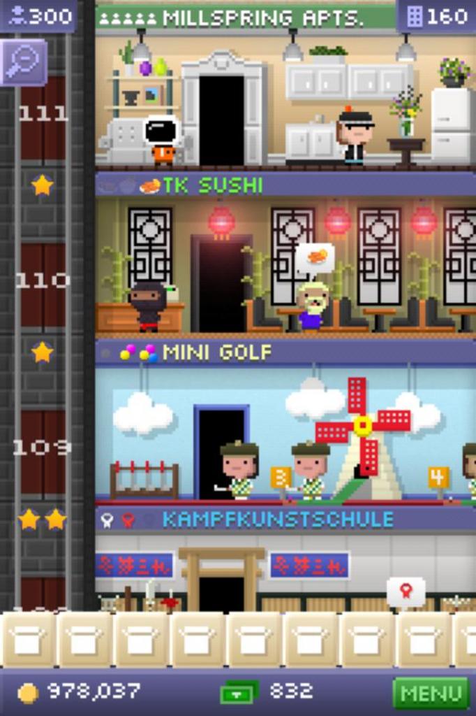 [20/08/2012] Tiny Tower (iPhone, Android) - In dieser kostenlosen Simulation erbaut ihr - wie im Klassiker SimTower - ein Hochhaus, bestehend aus Appartements und Händlern. Ziel dabei ist es, immer mehr Stockwerke zu bauen, die immer mehr Zeit benötigen und Geld kosten - ohne dass man selbst viel Zeit investieren muss! 