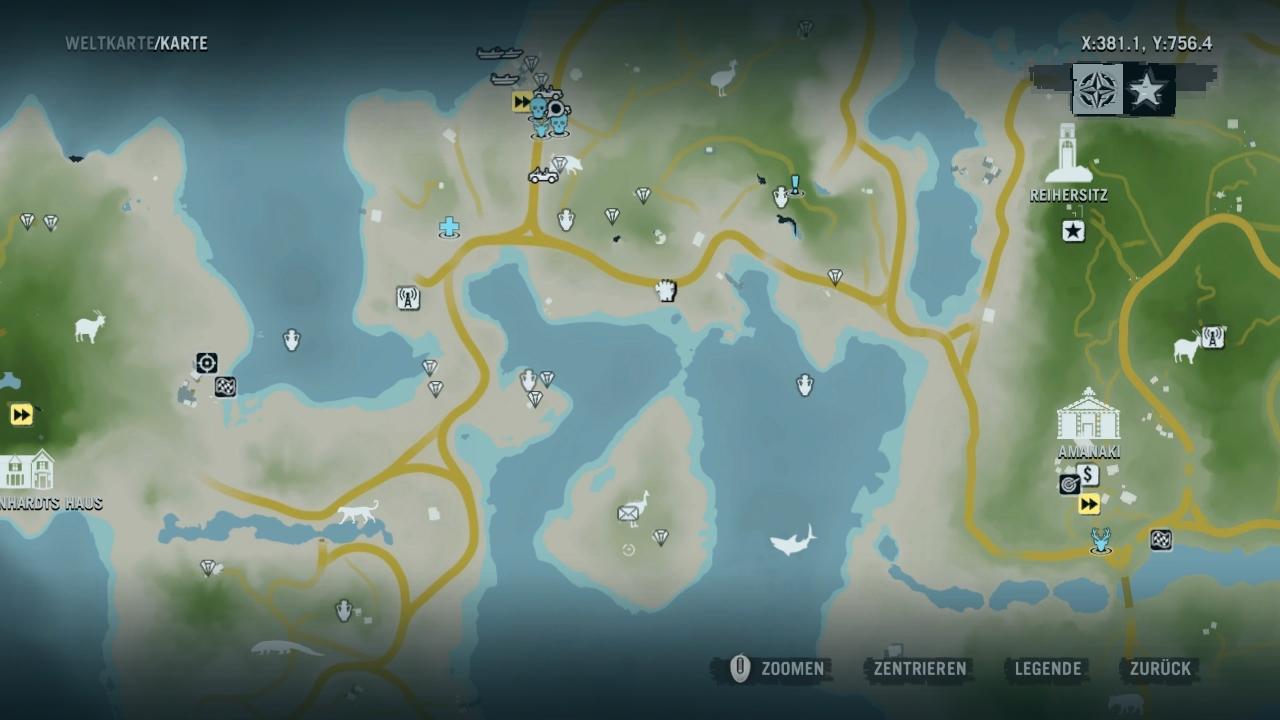 [21/11/2012] Anders als in Far Cry 2 bietet Far Cry 3 eine praktische Übersichtskarte, die wirklich jedes Detail verzeichnet. Die gelben Symbole markieren Schnellreisepunkte, die man jederzeit ansteuern darf.