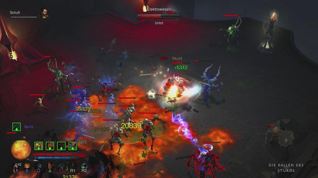[29/08/2013] Auf ins Gefecht: Eine typische Szene in Diablo 3 - der Barbar stürzt sich wagemutig in den Kampf mit einer ganzen Gegnerhorde!