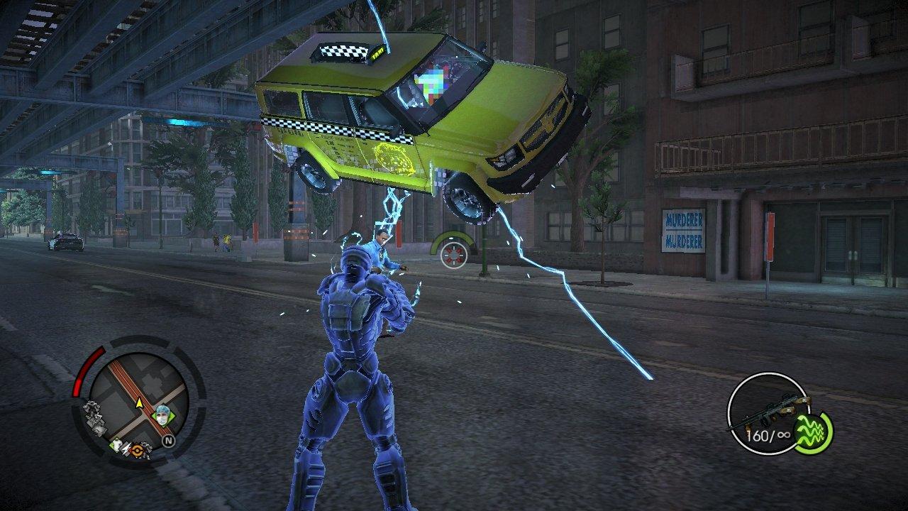 [14/08/2013] Saints Row 4 im Test: Mittels Telekinese könnt ihr allerlei Gegenstände aufgeben und werfen - selbst LKWs. Mittels Element-Upgrade verteilen eure Wurfgeschoße Elektroschocks. (1)