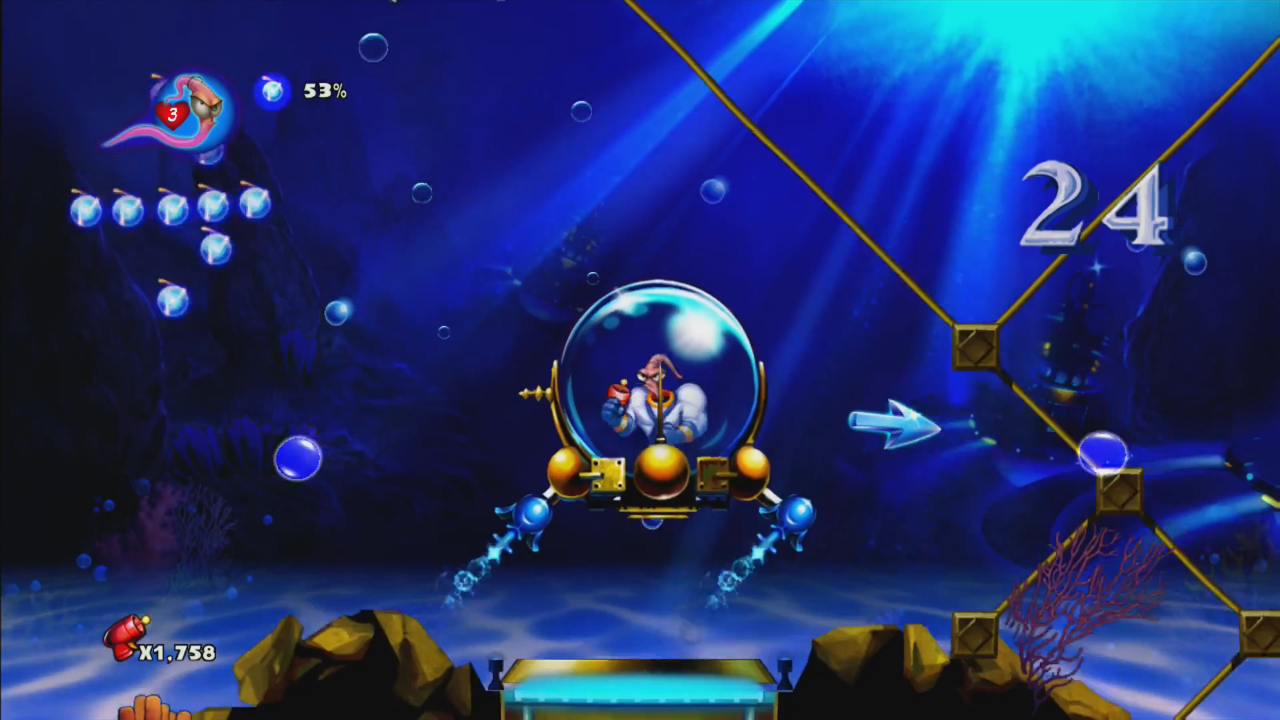 [03/09/2013] Frust erlebten wir nicht nur bei Super Mario. Auch Earthworm Jim wollte mit einer Unterwasser-Welt punkten. In einer langsamen und höchst empfindlichen Wasserkapsel ging es durch die Meere, inklusive Ertrinken und vielen, nervigen Restarts.