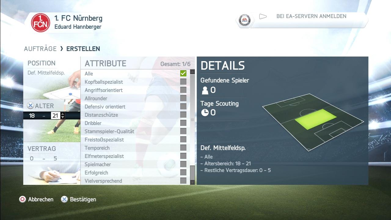 [23/09/2013] So funktioniert das Scouting-System: Erst definiert ihr ein Anforderungsprofil für eure gesuchten Kicker. (PS3)
