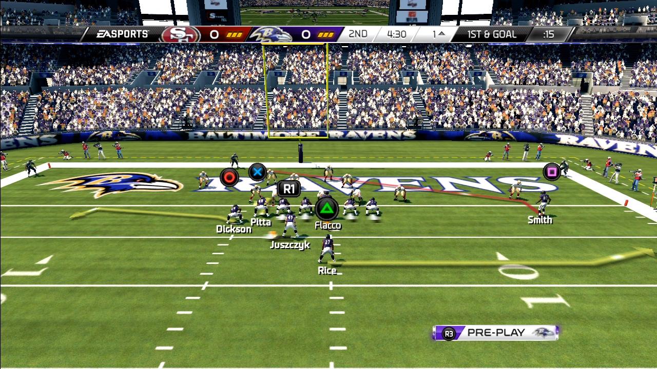 [17/09/2013] Vor einem Spielzug (und auf Wunsch auch währenddessen) werden euch Laufwege und Passempfänger eingeblendet. So haben auch Neulinge eine Chance. (PS3)