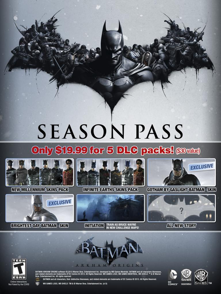 [24/10/2013] Diverse Skins und Challenge Maps sind bereits zum Verkaufsstart von Arkham Origins erhältlich. Einige davon fasst der Season Pass zusammen, der später auch eine Story-Erweiterung beinhalten soll.