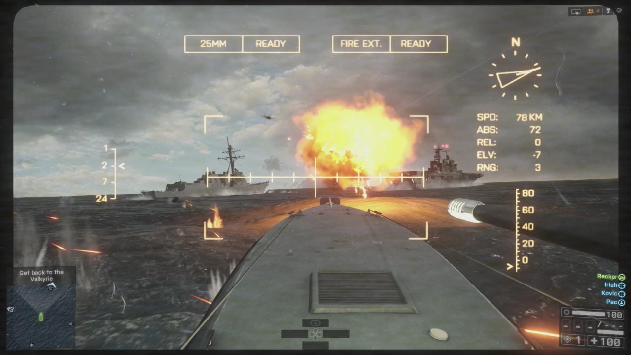 [28/10/2013] Battlefield 4 im Test: Die USS Valkyrie dient als unsere Basis. Die kurzweilige Speedboat-Mission ist aufwendig inszeniert, aber spielerisch sehr einfach - zumindest auf normal oder gar leicht. Erst der harte Schwierigkeitsgrad stellt euch auf die Probe.