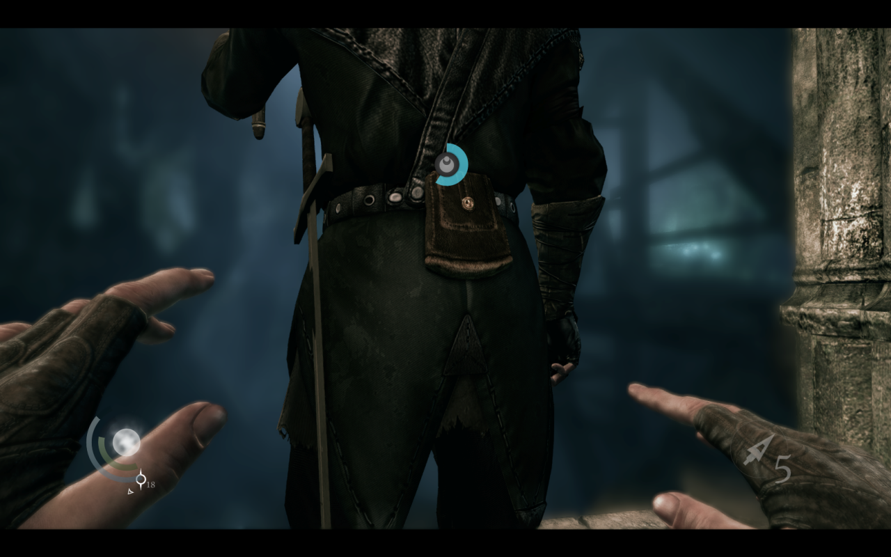 [21/02/2014] Thief: Timing ist wichtig - wenn sich die Wache jetzt umdreht, hat Garrett ein Problem. Flüchten oder kämpfen - mit Standardeinstellungen ist Letzteres ziemlich leicht.