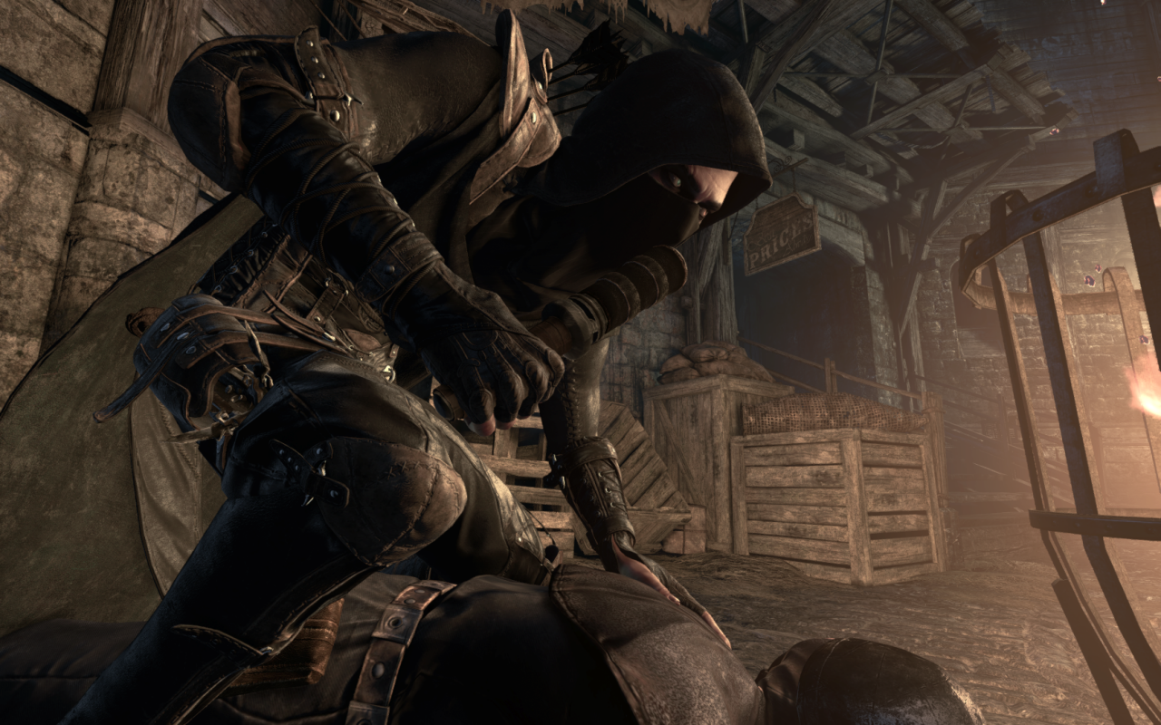 [21/02/2014] Thief: Mithilfe seines Knüppels entledigt sich Garrett den Wachen im Spiel. Wer möchte, kann in den Optionen einstellen, dass dies nur schleichend möglich ist und beispielsweise nicht im offenen Kampf oder mit einer Sprungattacke. Schön, dass es viele solcher Optionen im Spiel gibt.