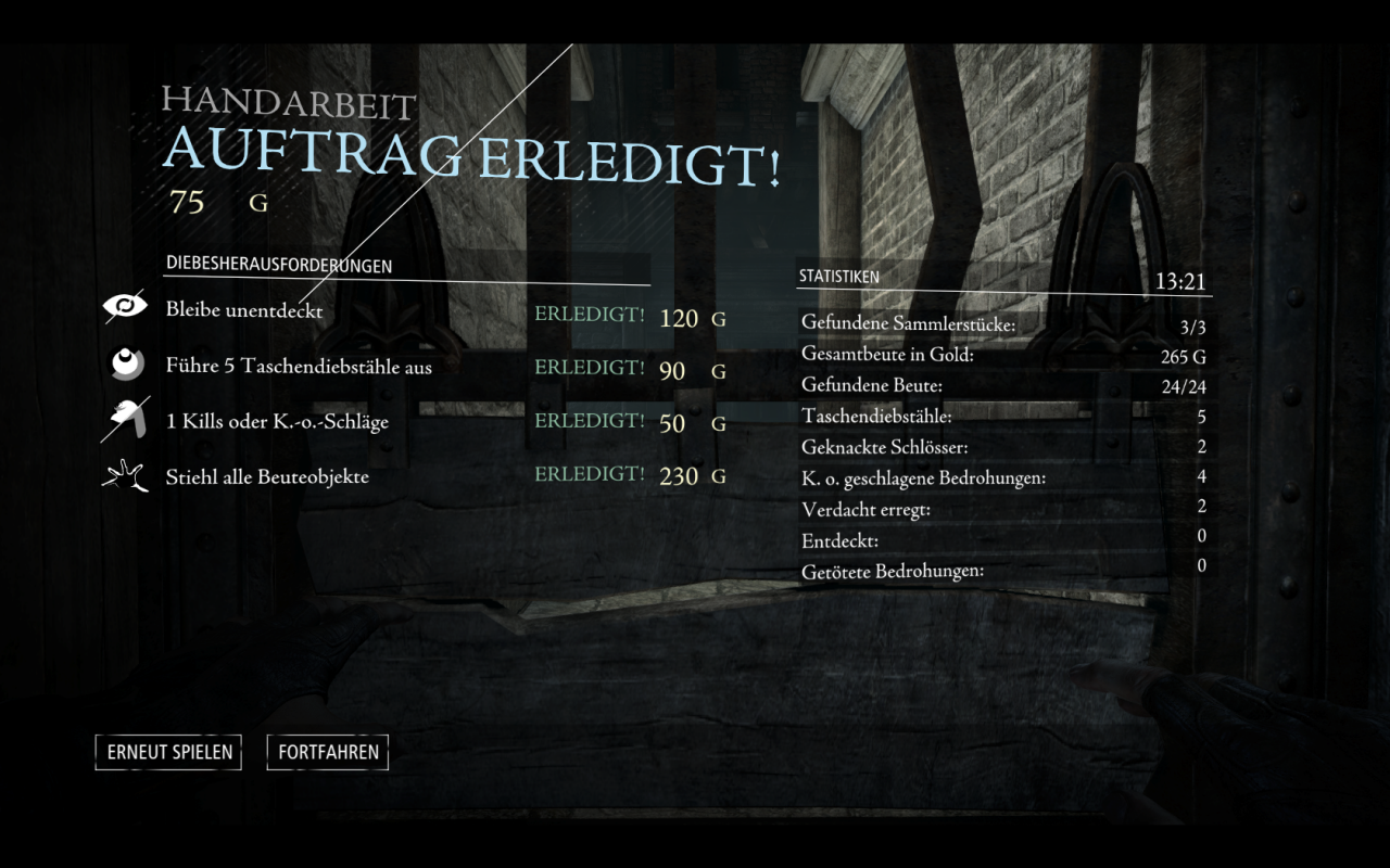 [21/02/2014] Thief: Gemeisterte Aufträge lassen sich wiederholen, um beispielsweise die Statistik zu verbessern oder um sich an anderen Spielstilen zu versuchen. Das erhöht den Wiederspielwert von Thief.