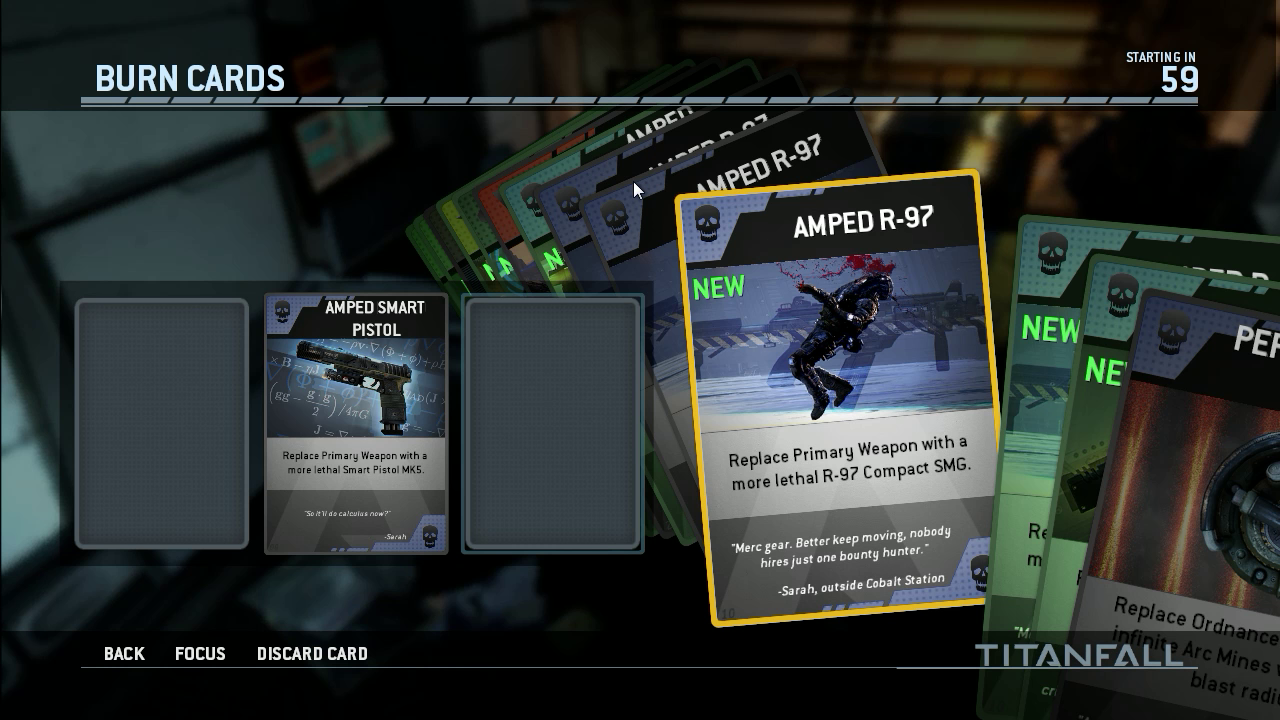 [10/03/2014] Eine Neuheit in Titanfall sind die sogenannten Burncards. Die Upgrade-Karten bringen minimale Boni in den Gefechten, wie zum Beispiel verbesserte Waffen für eine Runde oder eine erhöhte Bewegungsgeschwindigkeit.