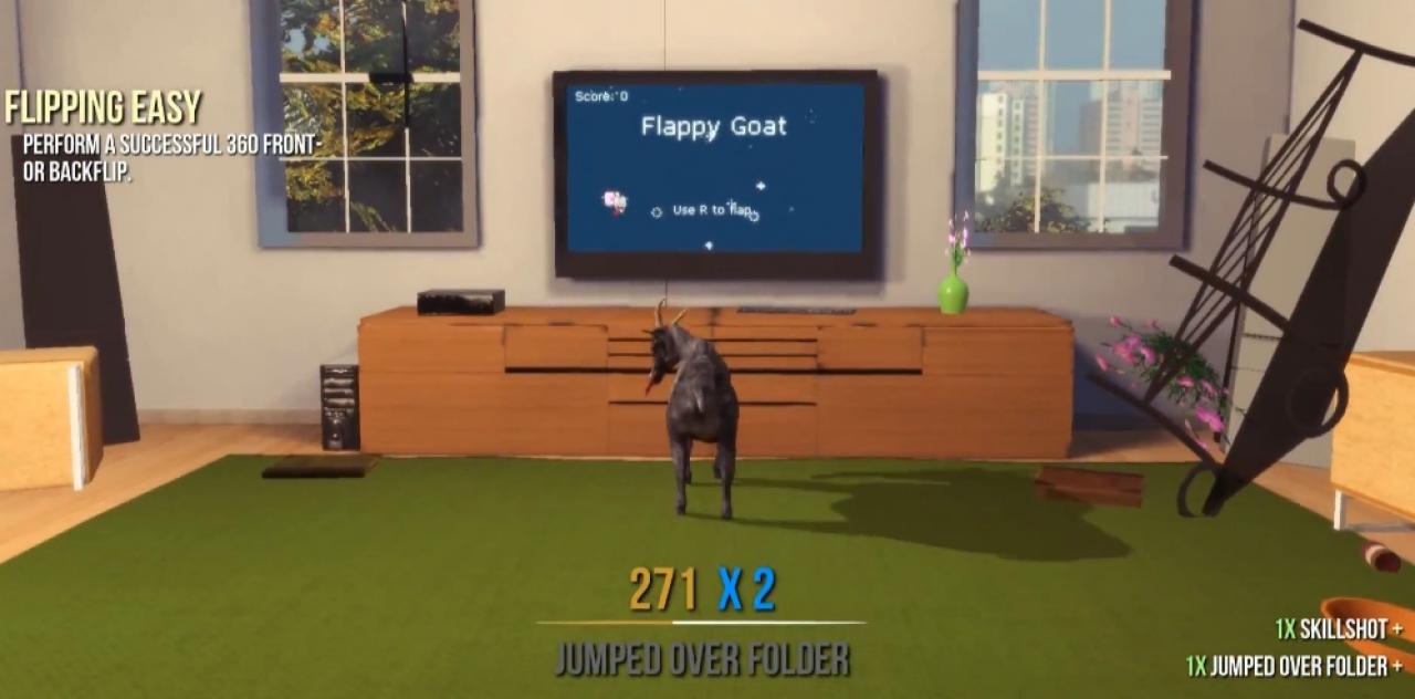 [04/04/2014] Auch der abgedrehte Goat Simulator enthält ein Minispielchen. Nämlich Flappy Goat, eine witzige Parodie auf den Mobile-Erfolgshit Flappy Bird. Ihr findet es im ersten Stock des virtuellen Studios der Entwickler.
