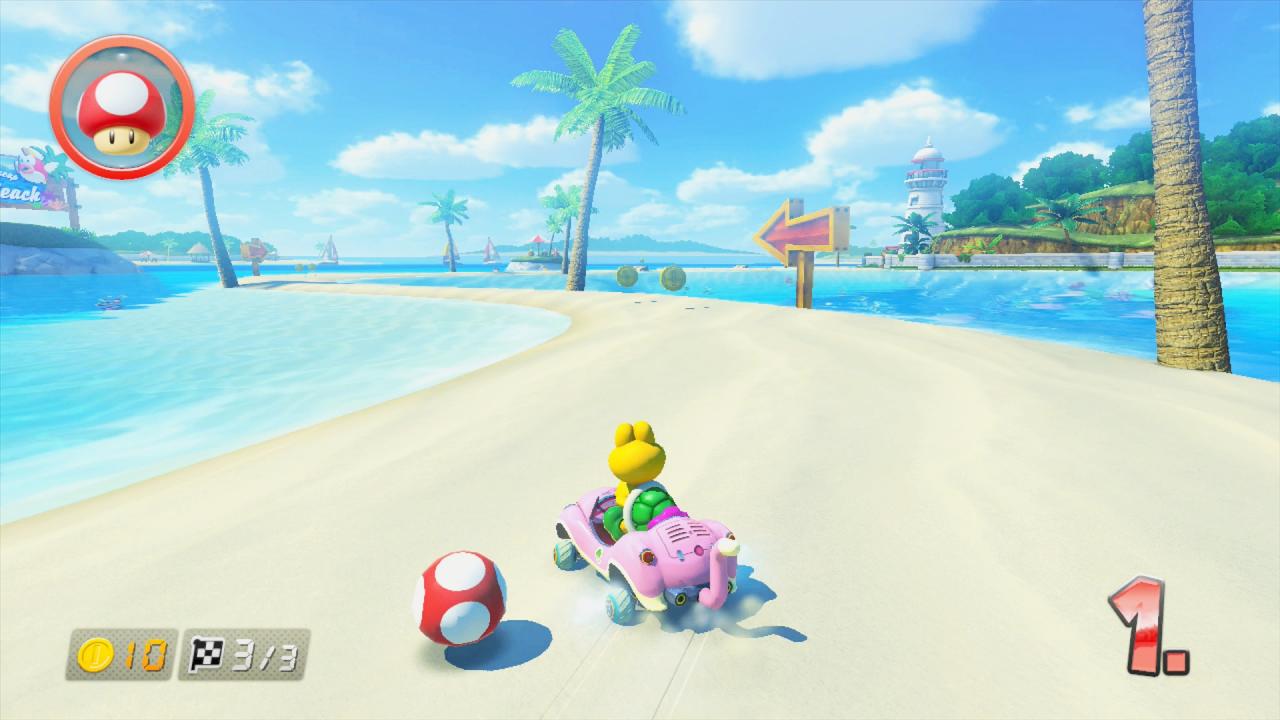 [15/05/2014] Mit High Speed über den Traumstrand brettern können Spieler in der Mario Kart-Reihe. Wer die Nase voll von wild umherfliegenden Schildkrötenpanzern und drängelnden Mitfahrern hat, kann auch einfach mal rechts ran fahren und den schönen Ausblick genießen.