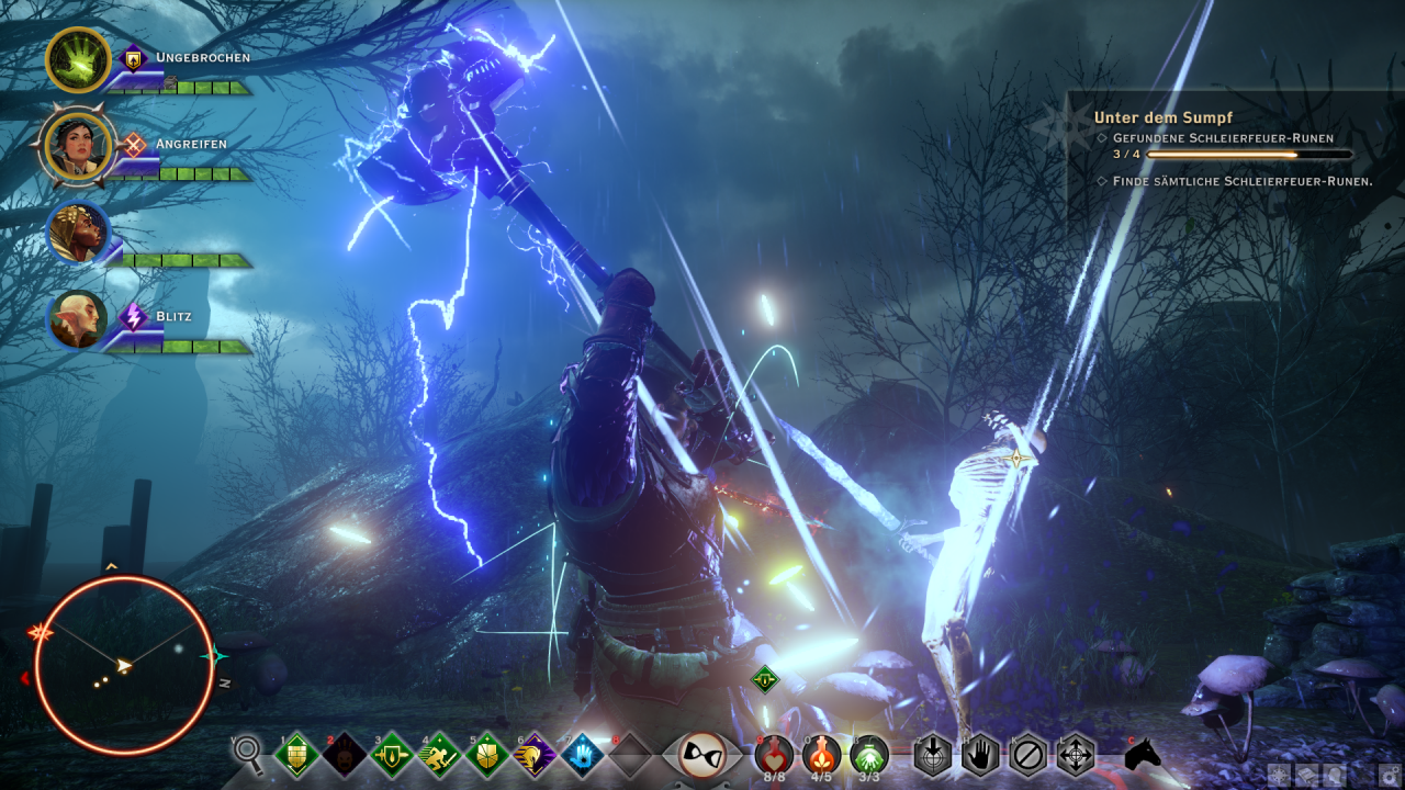 [10/11/2014] Dragon Age: Inquisition im Test - Nächtliche Stimmung im Questgebiet Fahlbruch, in dem ihr es mit vielen Untoten zu tun bekommt.