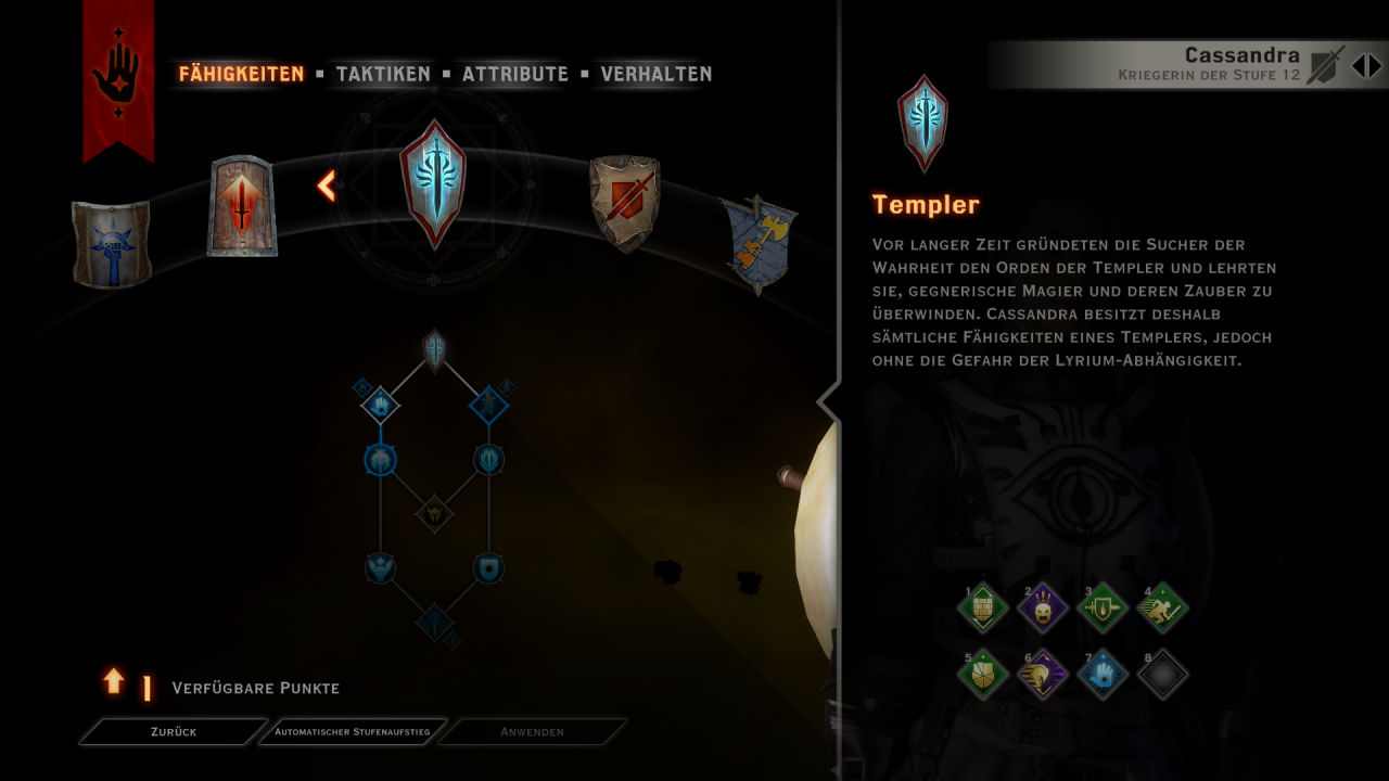 [10/11/2014] Dragon Age: Inquisition im Test - Jedem Begleit-Charakter ist eine Klassen-Spezialisierung vorgegeben. Sucherin Cassandra lässt sich zum Templer ausbilden.