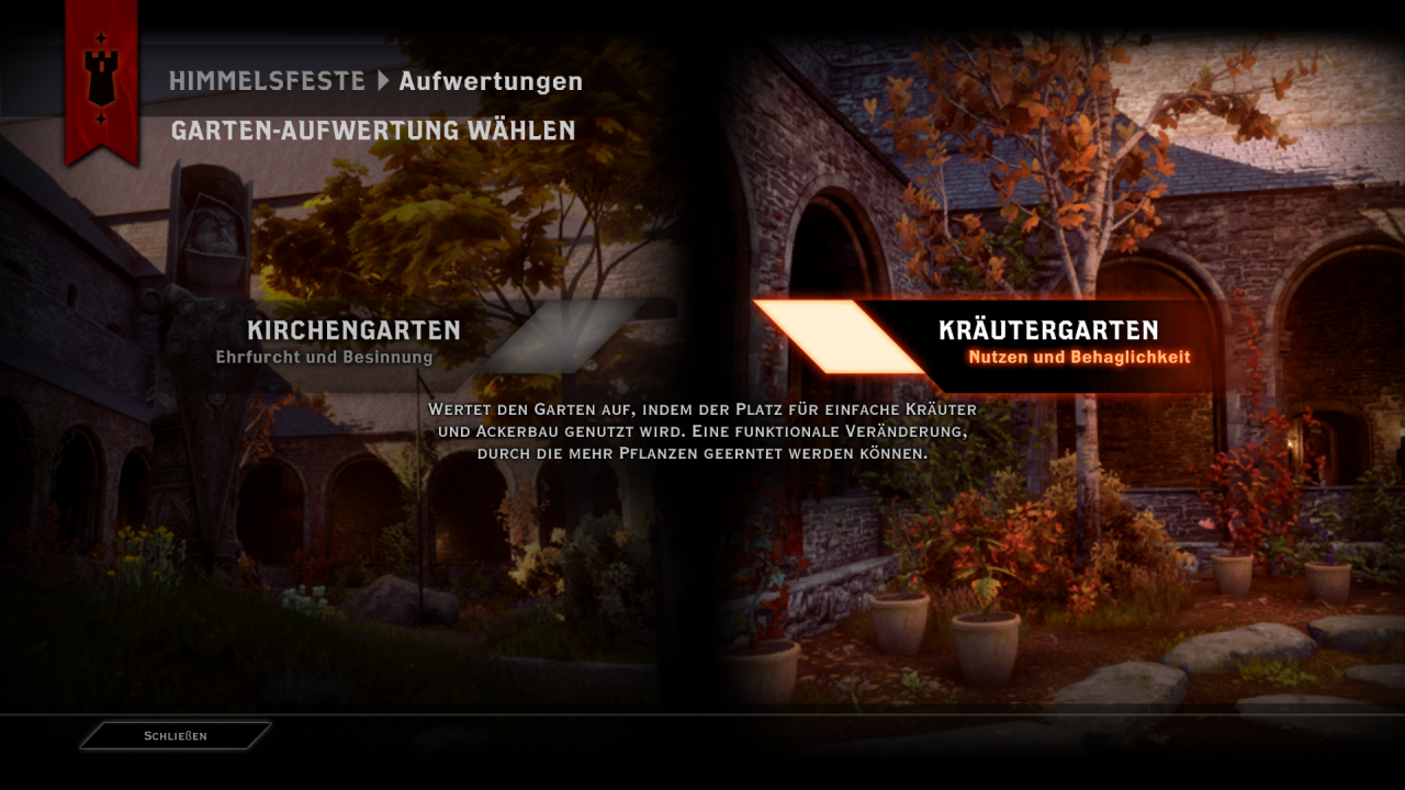 [10/11/2014] Dragon Age: Inquisition im Test - Einige Bereicher der Himmelsfestung lassen sich individuell erweitern. Hier müssen wir entscheiden, wie wir den Garten verändern wollen.