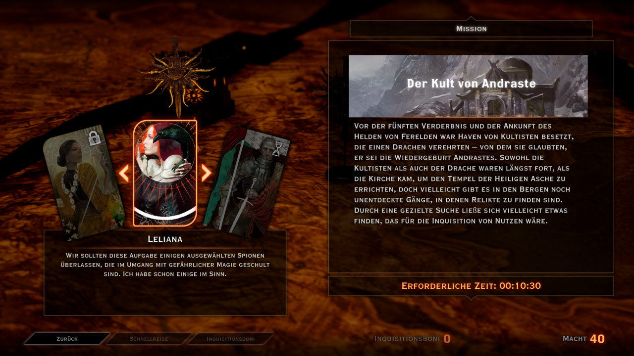 [10/11/2014] Dragon Age: Inquisition im Test - Ihr könnt eure Berater, ähnlich wie die Assassinen in AC: Brotherhood, auf lukrative Missionen schicken, um so Belohnungen für die Inquisition zu erhalten.