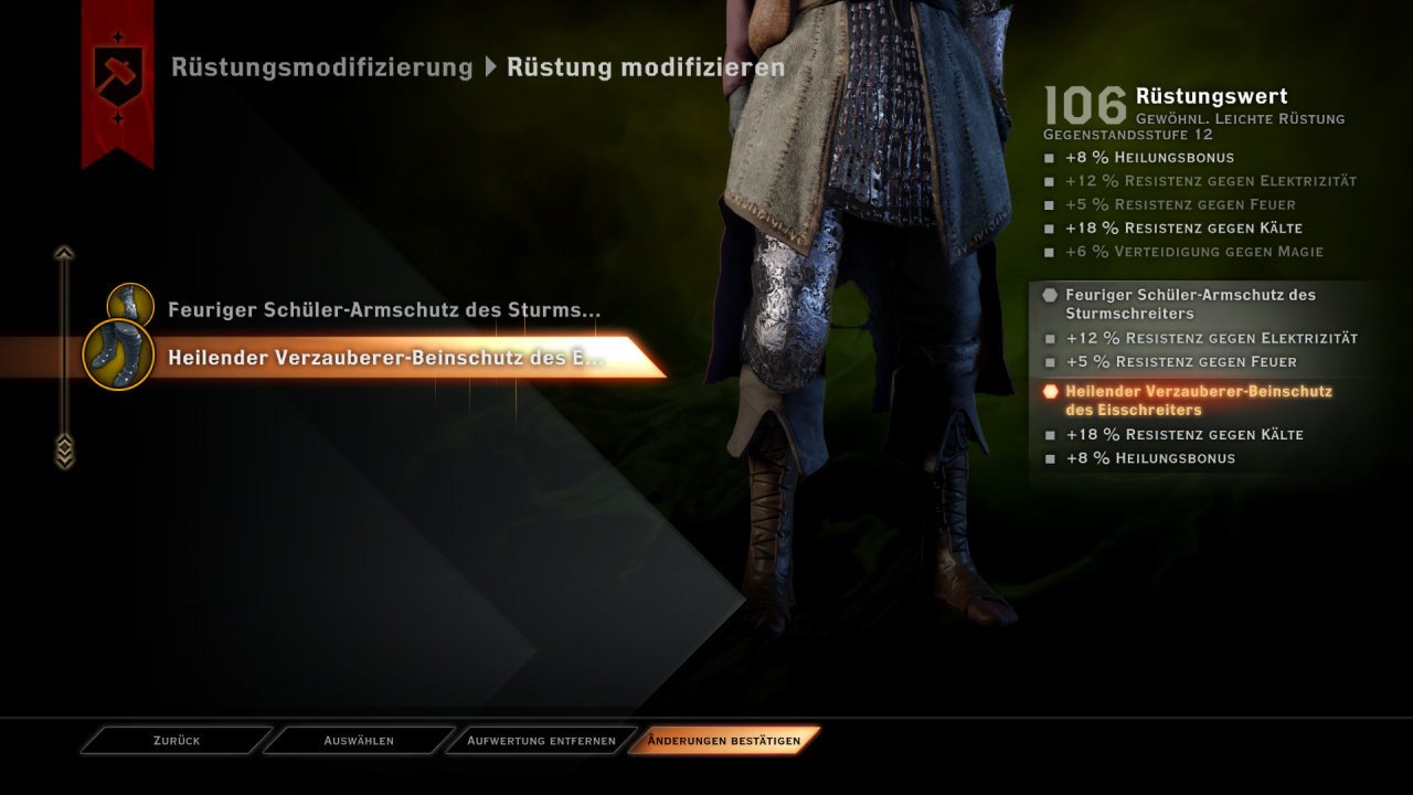 [10/11/2014] Dragon Age: Inquisition im Test - Waffen und Rüstungen lassen sich mit zusätzlichen Details verbessern.