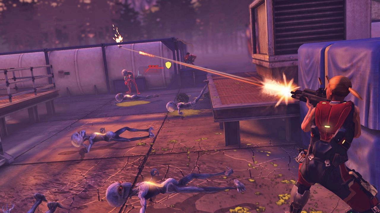 [03/12/2014] Eine Soldatin aus dem Squad feuert auf einen Außerirdischen, der versucht, in Deckung zu hechten, nachdem seine Artgenossen bereits dem Sperrfeuer der XCOM-Truppe zum Opfer fielen.