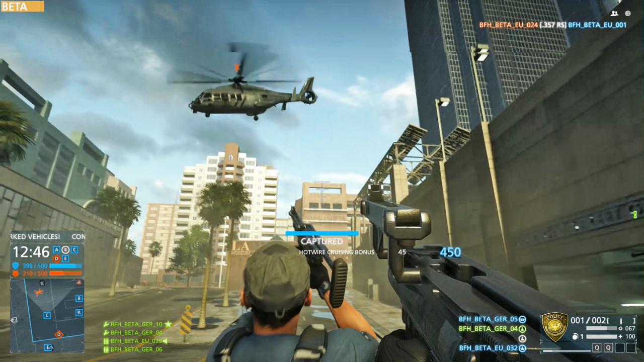 [02/02/2015] Mit Stil: Im gekaperten Hotwire-Fahrzeug nehmen wir gemeinsam mit einem anderen Spieler einen Helikopter ins Visier. Derart spontane Momente gibt es in Hardline zuhauf.
