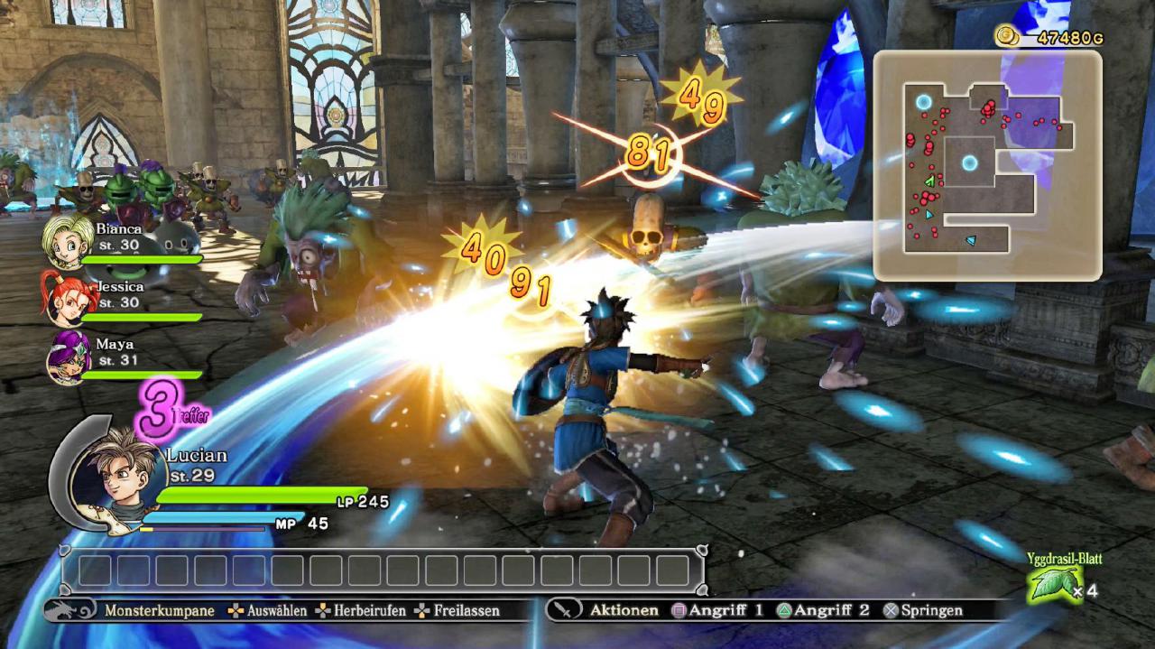 [08/10/2015] Monoton: Die meiste Zeit im Spiel schnetzelt ihr euch mit den immer gleichen Angriffen durch Horden von Dragon Quest-Monstern, was auf Dauer eintönig wird.